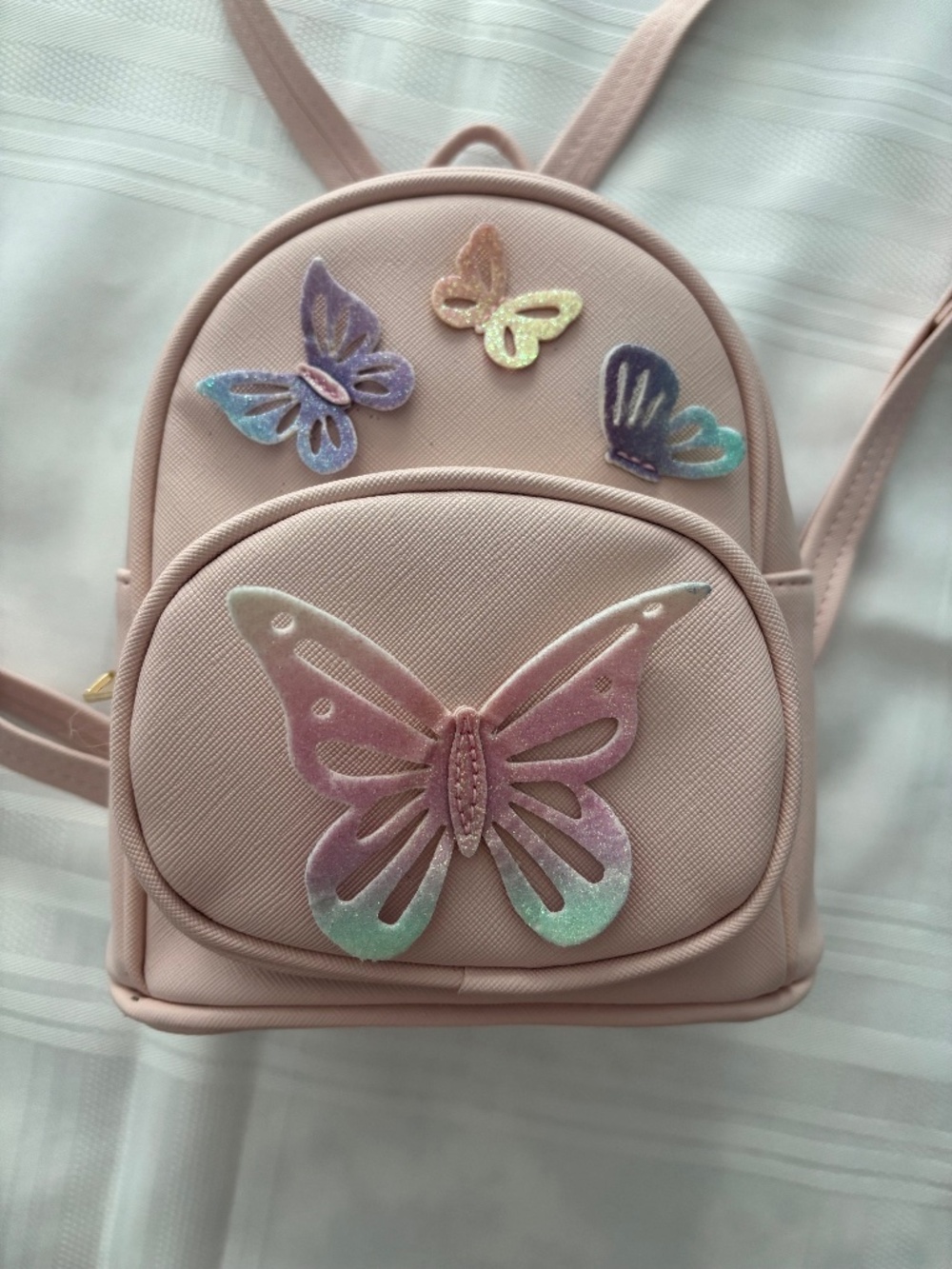 Ardene Girl Pink Mini Backpack with Glittery Butterflies and Adjustable Straps